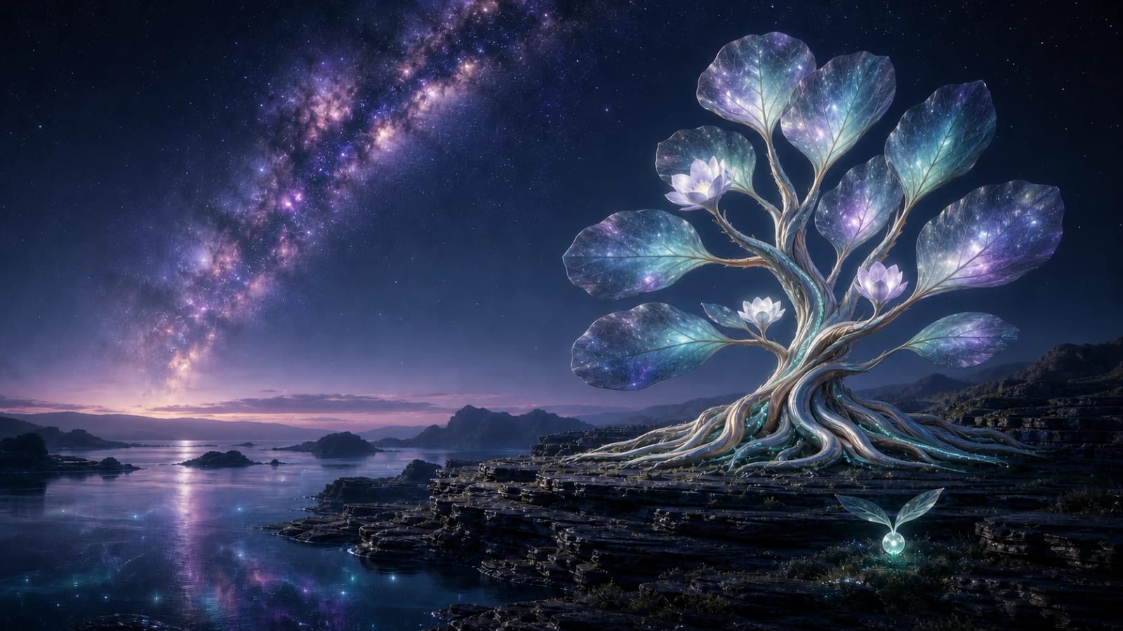 A luminous sailwood tree with cosmic leaves and magnolia blossoms beside reflective water beneath a violet Milky Way.
