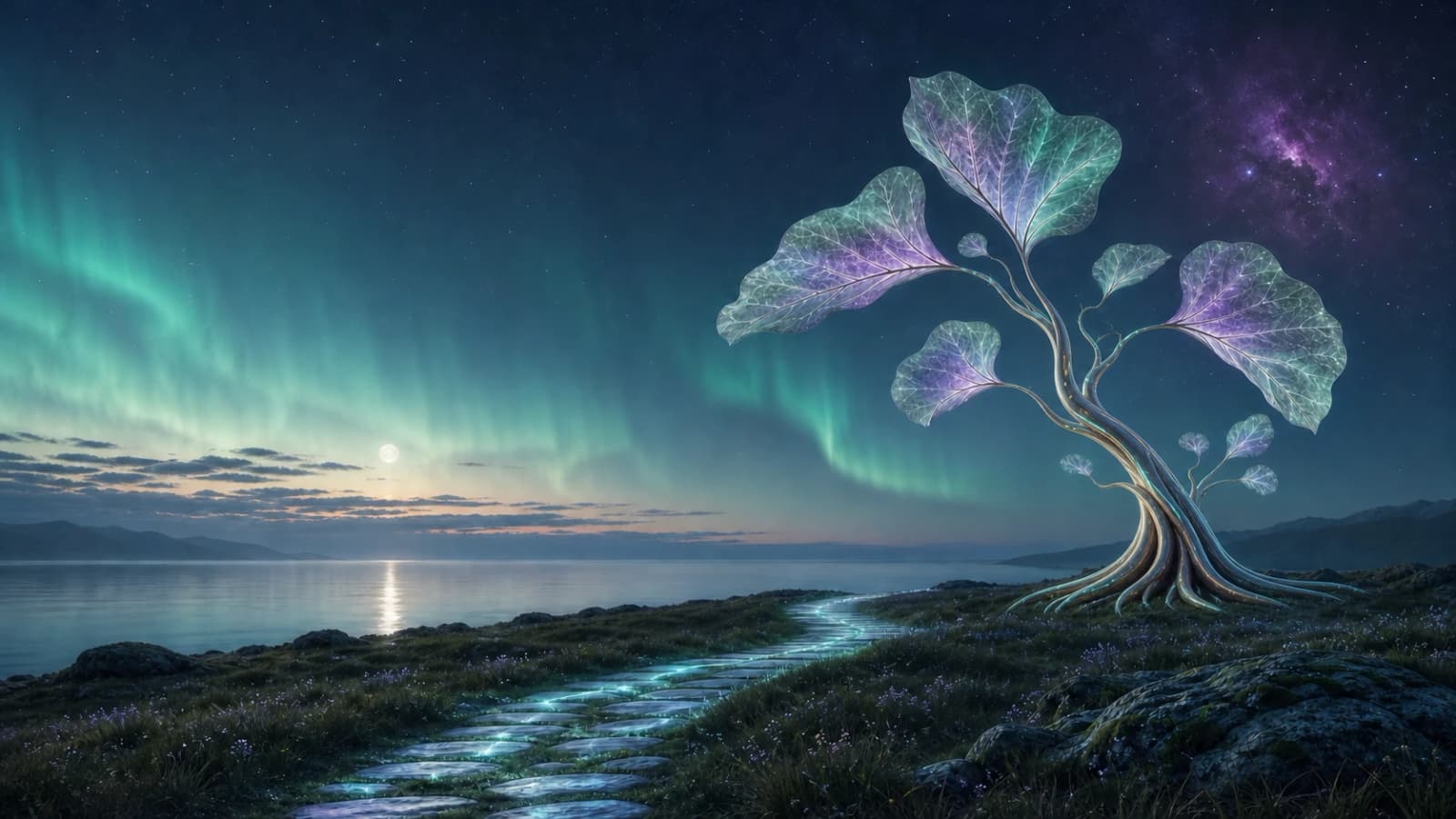 A luminous sail-shaped tree with a clear path beneath its open canopy.