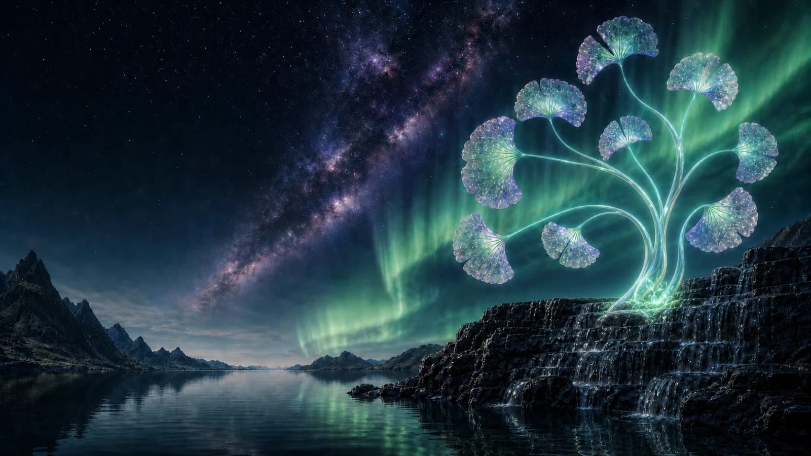 Translucent ginkgo-like light stems rising beside moonlit waterfalls beneath the aurora.