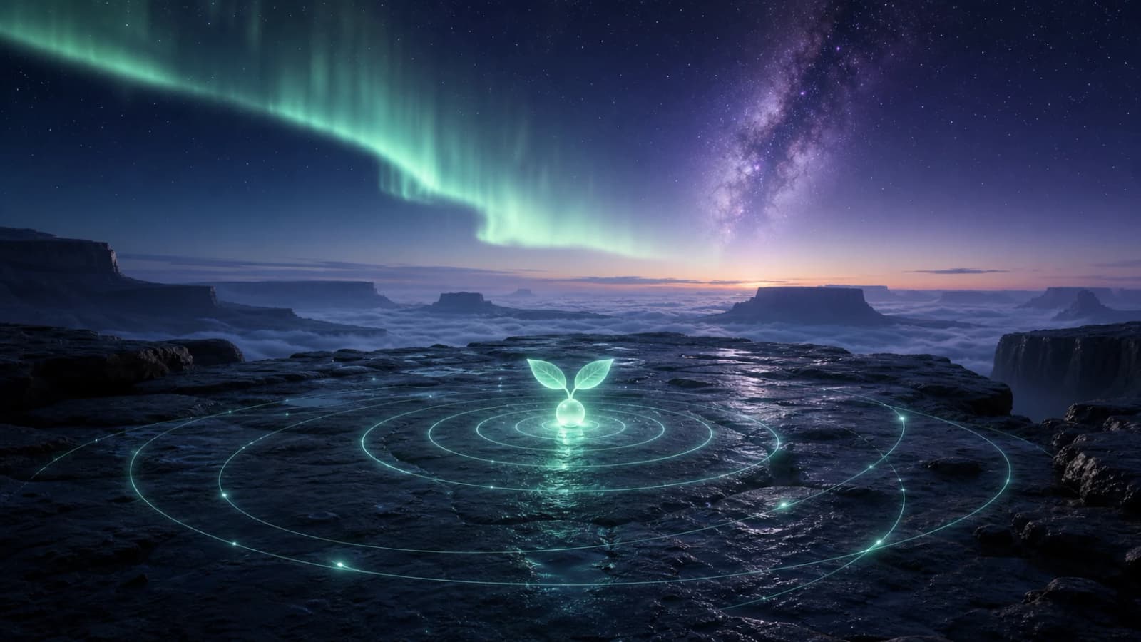 A two-leaf bioluminescent bulb surrounded by gentle light rings on an aurora plateau.