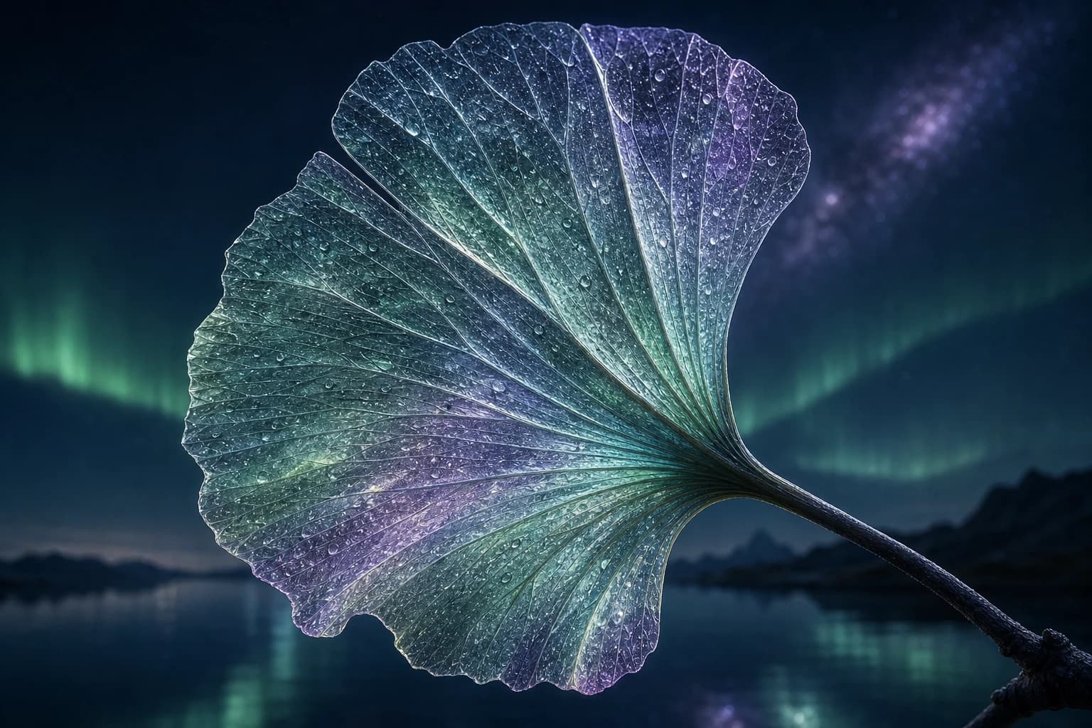 A monumental translucent ginkgo leaf holding mint and violet light within its veins.