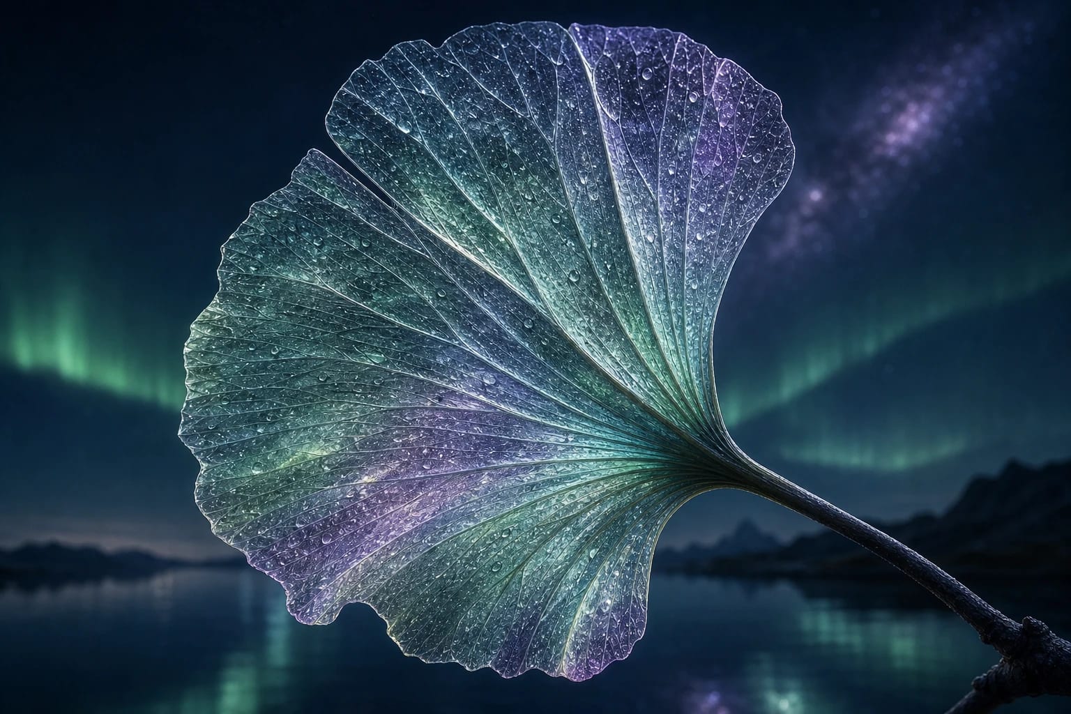 A monumental translucent ginkgo leaf holding an emerald and violet nebula.