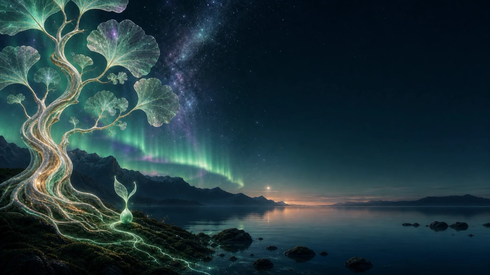A luminous two-leaf sprout at the roots of a translucent ginkgo beside calm water beneath an aurora.