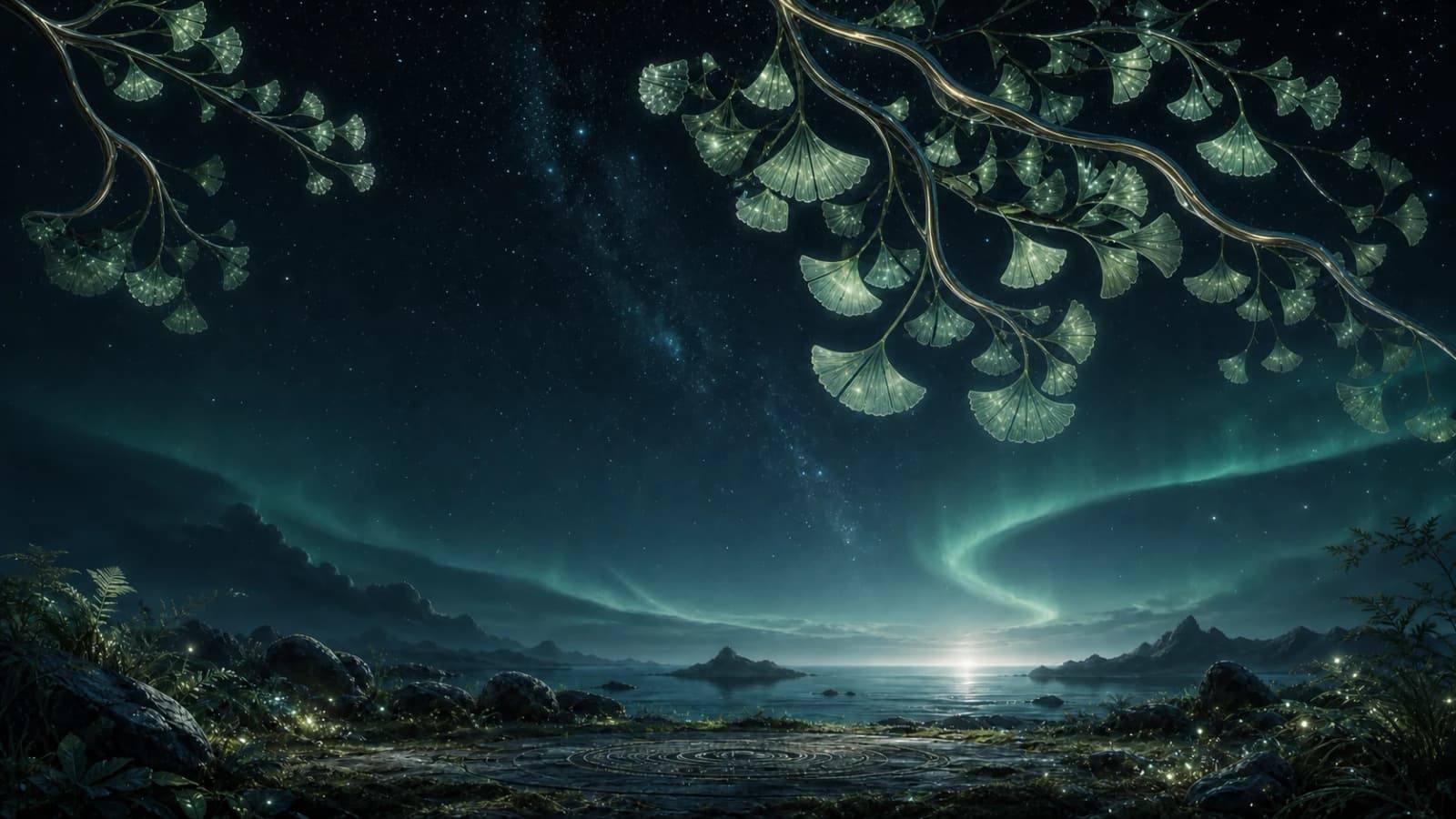 A star-lit canopy of broad alien leaves above a quiet night clearing.