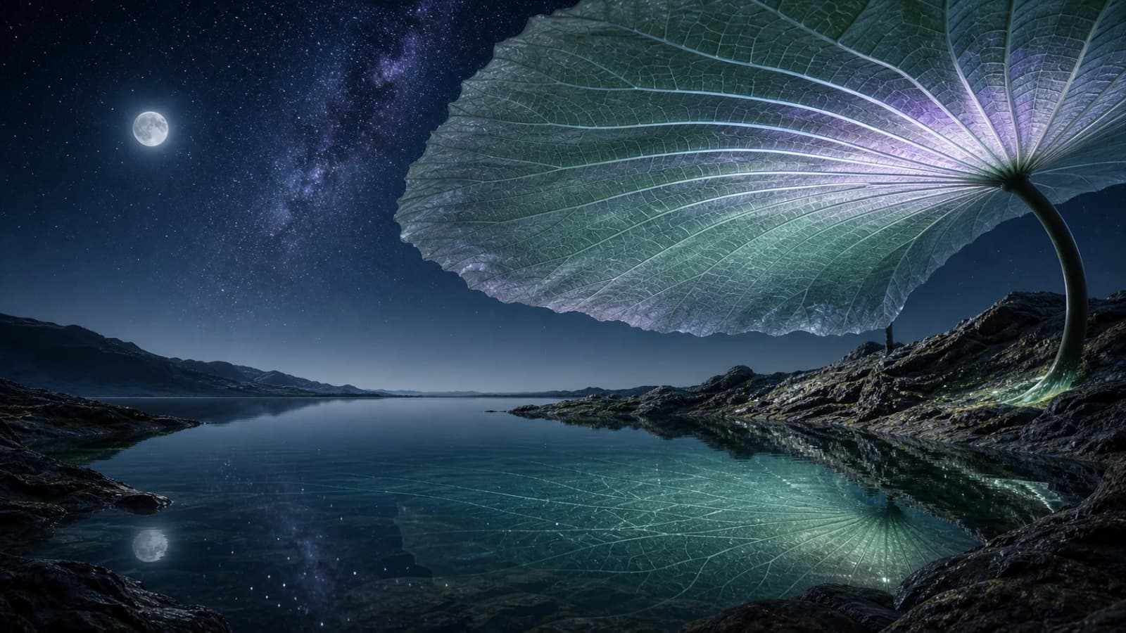 A ribbed luminous leaf forming a protective canopy beneath a star field.