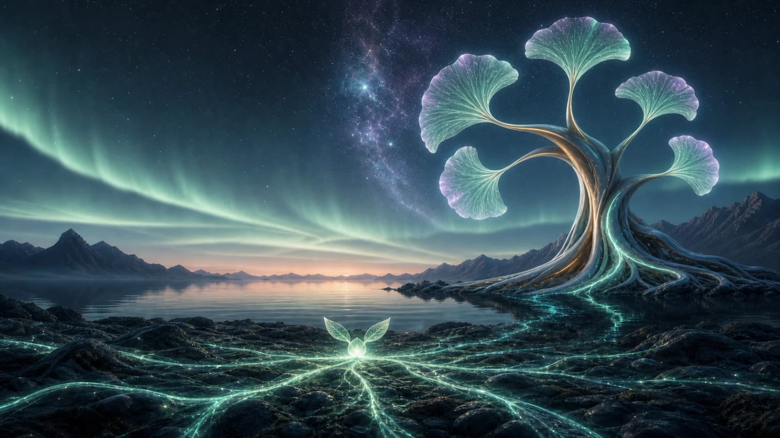 A two-leaf bioluminescent bulb beneath a graceful sailwood and aurora sky.