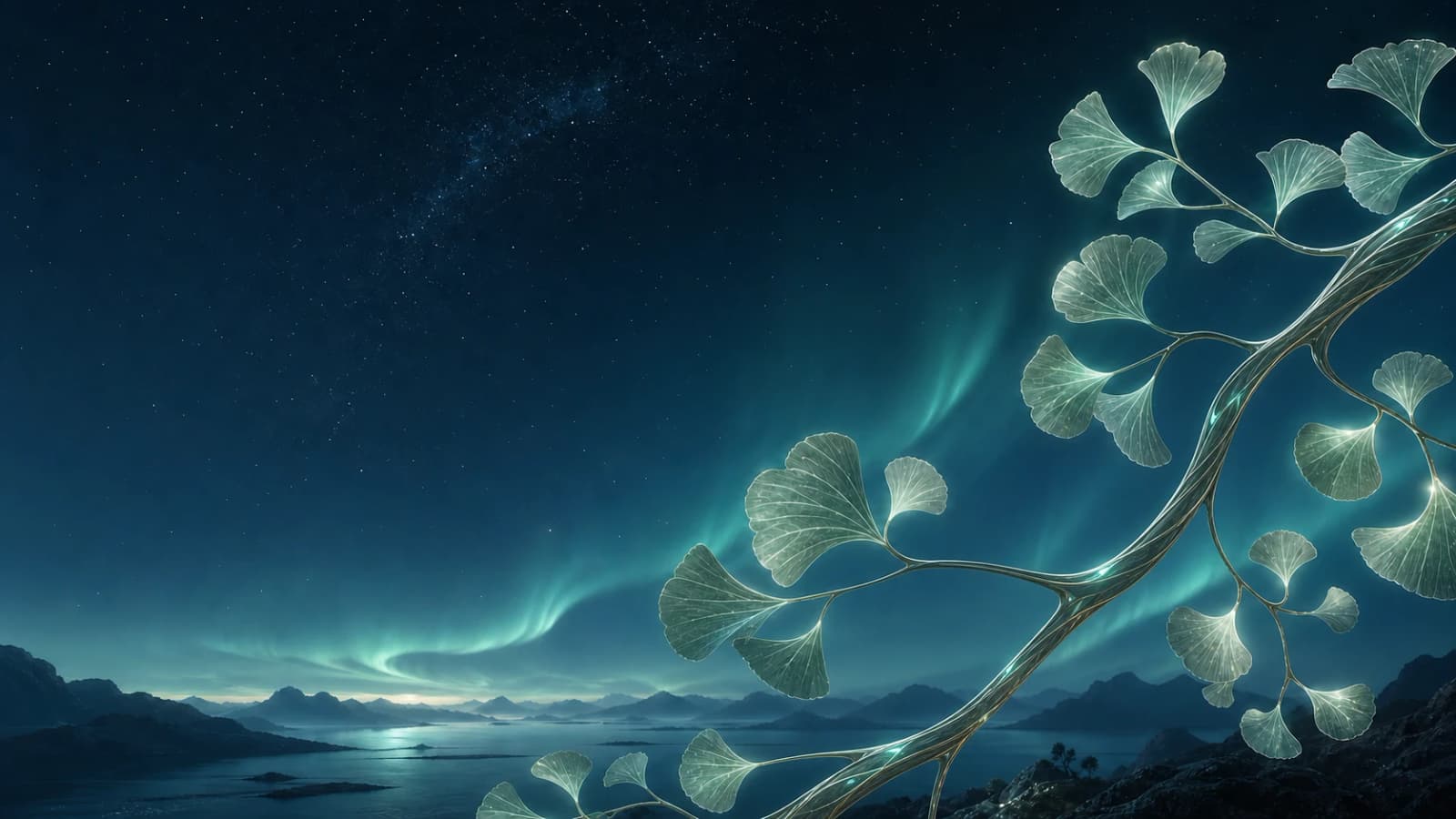 A slender luminous sailwood branch crossing a deep aurora sky.