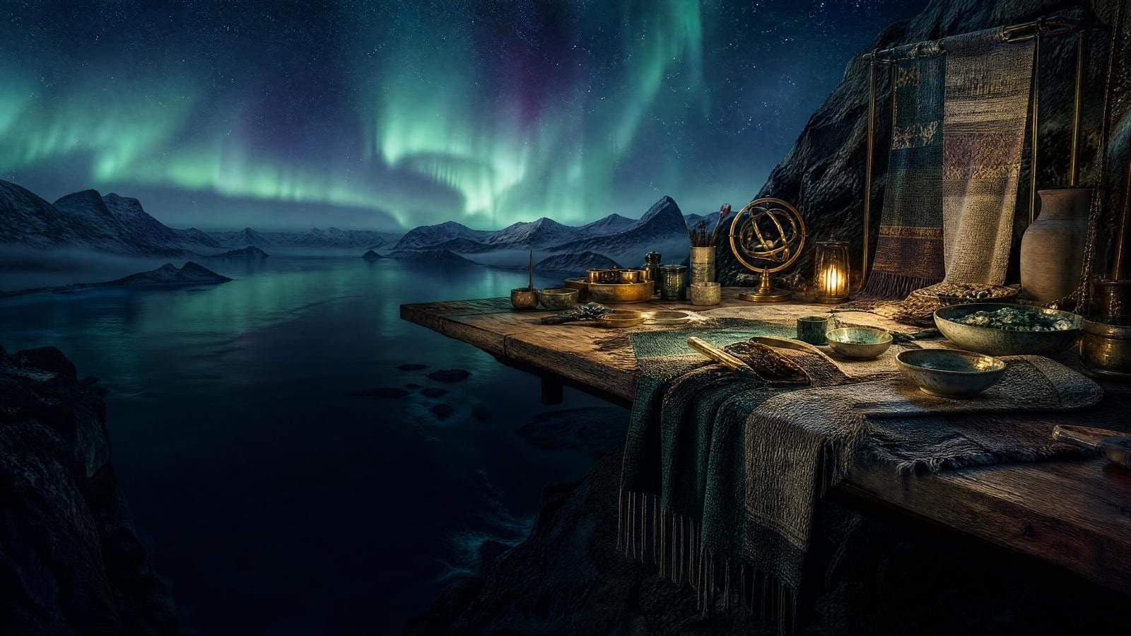 Aurora-lit workbench above dark water with woven textiles and quiet starlight.