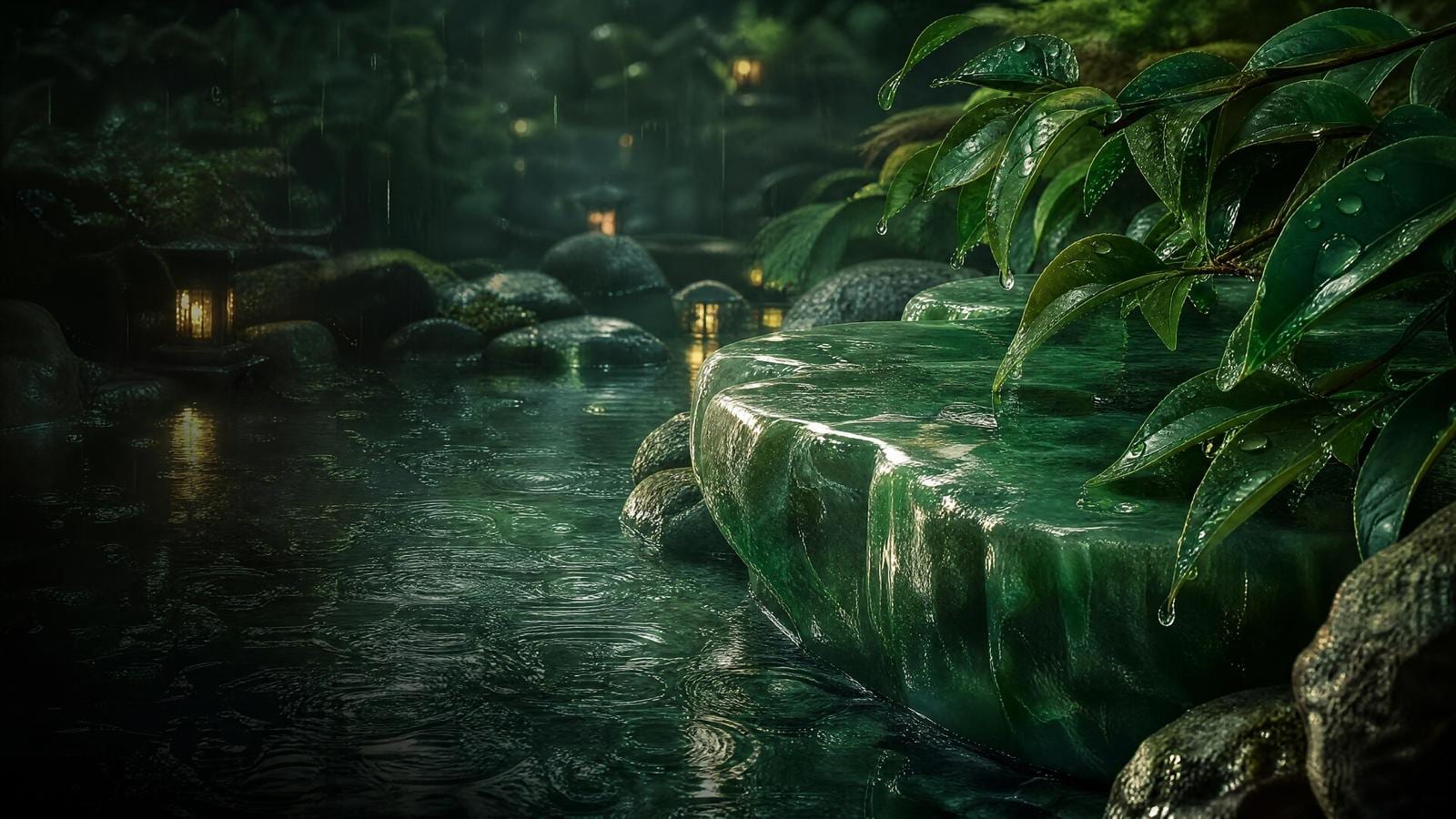 Rain settling through a jade-green garden beneath a dark canopy.