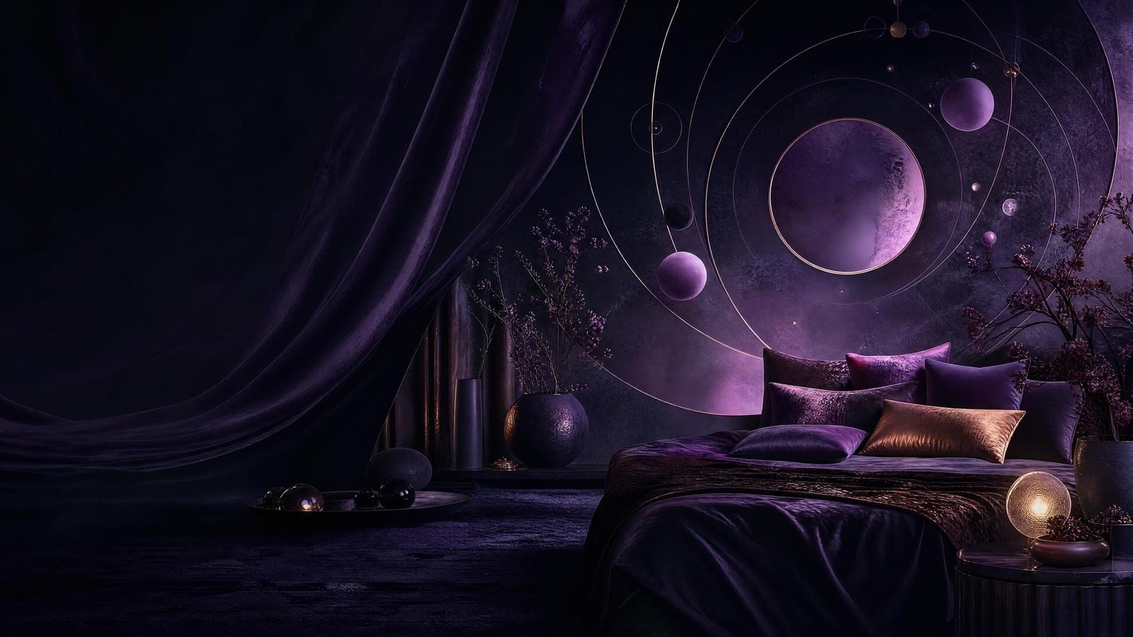 Deep violet celestial room with a quiet orbit of distant planets.