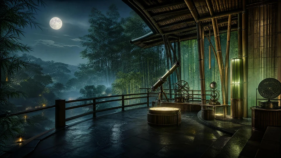 Bamboo observatory with moonlit instruments and clear open air.