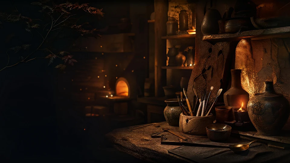 Warm ember studio with clay vessels, low light, and soft wood grain.