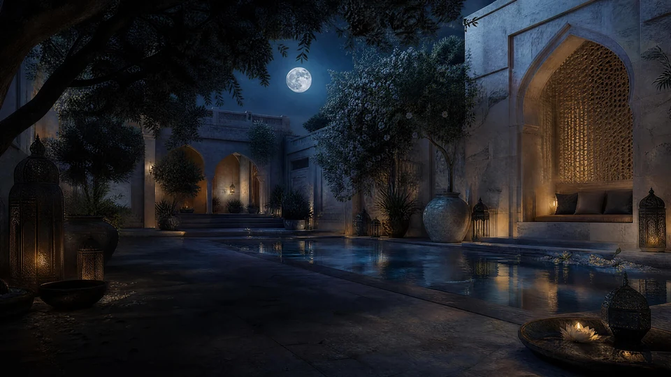 Moonlit courtyard with still water, pale stone, and soft blue shade.