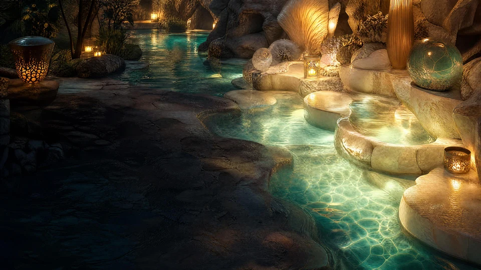 Warm tidal glass pool with filtered light and rounded reflections.