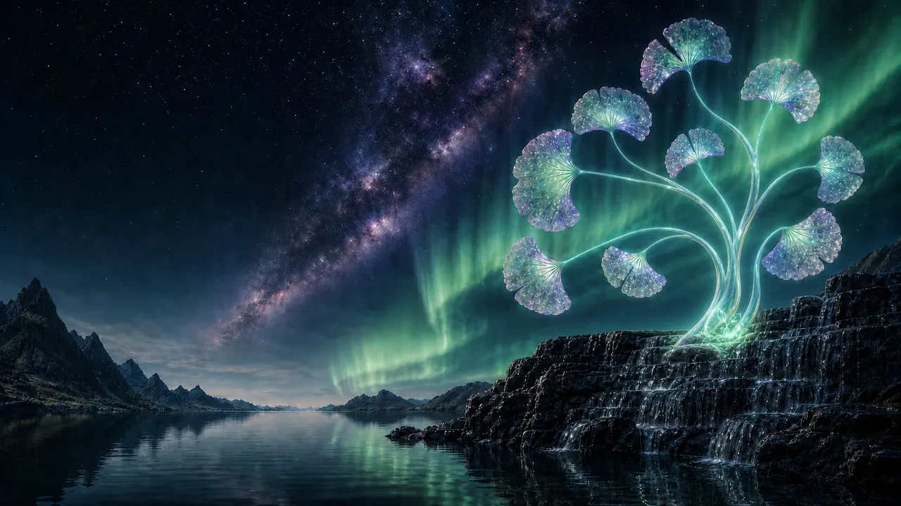 Translucent ginkgo-like light stems glowing above moonlit basalt waterfalls beneath the aurora and Milky Way.