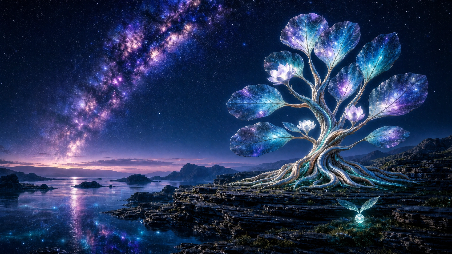 A luminous magnolia tree with translucent celestial leaves and flowing silver branches beside still water beneath the Milky Way.