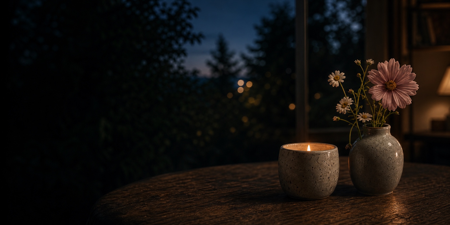 Candlelight on handmade ceramics and delicate cosmos flowers beside a garden window at blue hour.