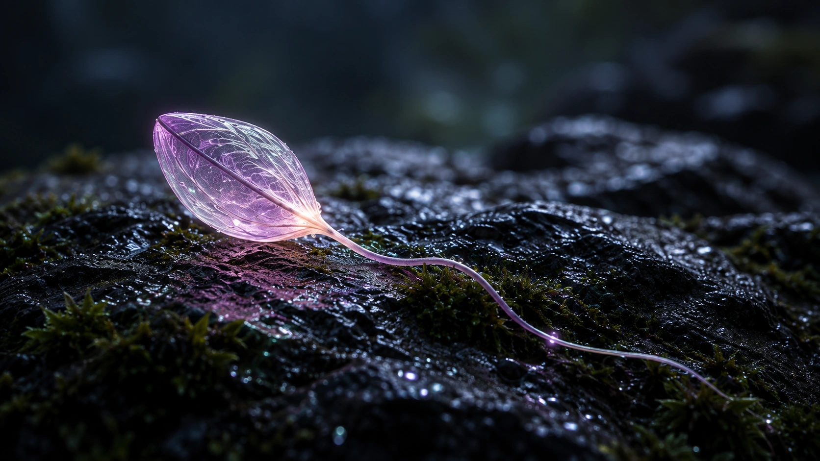A single violet bioluminescent moonseed resting on wet basalt, its delicate root trailing through moss.