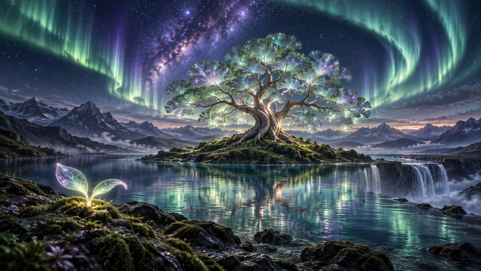 A luminous sailwood tree reflected in a still alpine lake, with a tiny glowing sprout, a waterfall, and a sweeping emerald aurora.