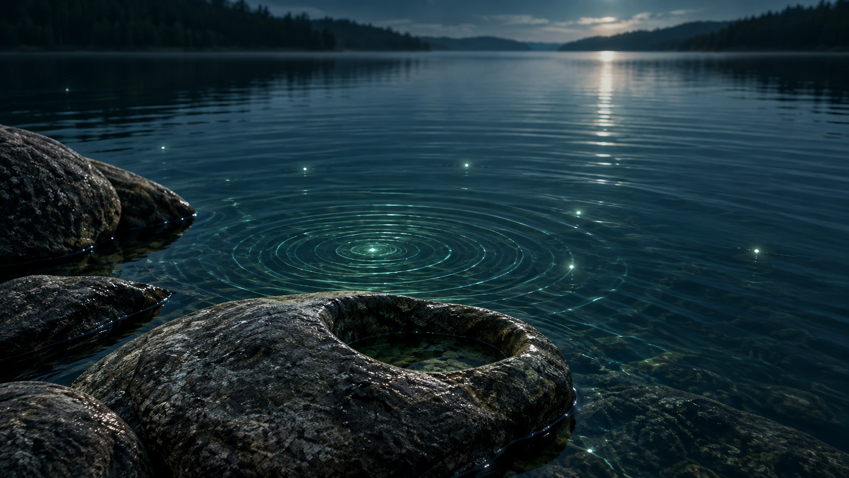 Delicate luminous ripples spreading across moonlit water beside smooth weathered stone.