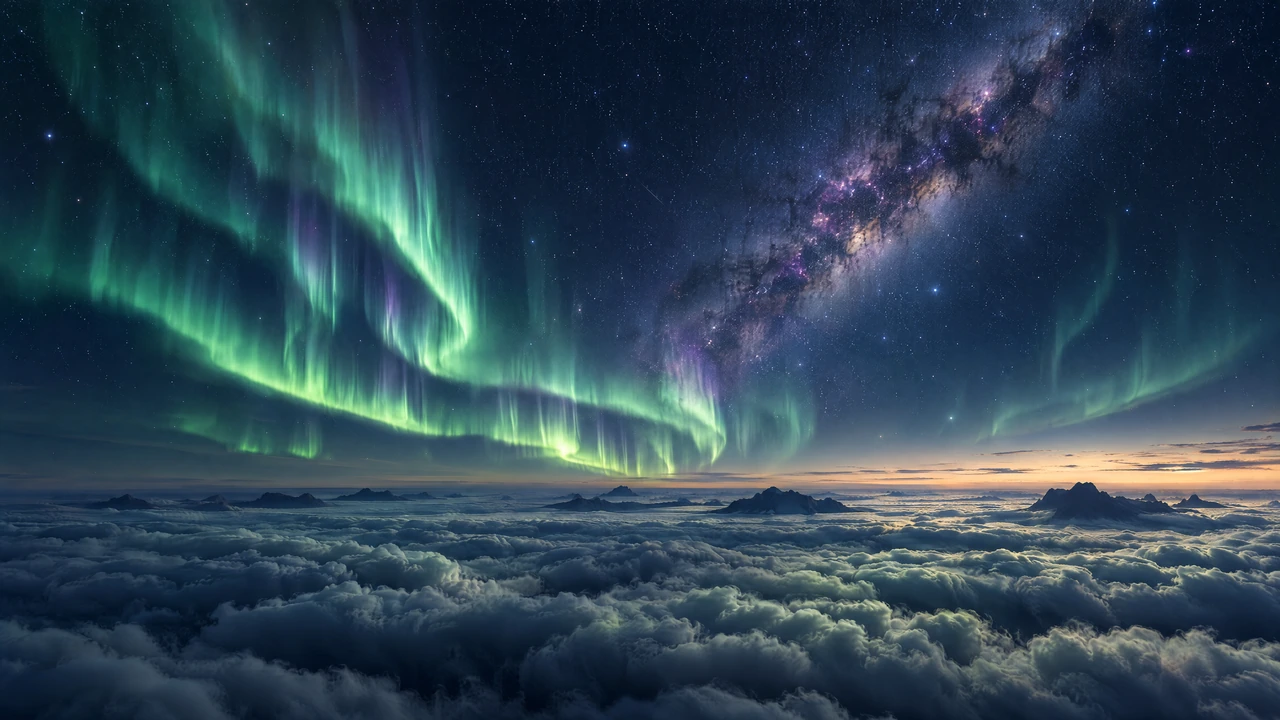 Emerald aurora and the Milky Way above an immense moonlit ocean of clouds, with distant mountain silhouettes.