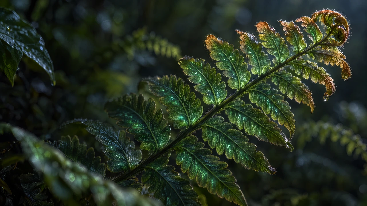 Fine translucent fern pinnae in a narrow plane of focus, their delicate mint-lit veins falling softly into a deep green forest background.