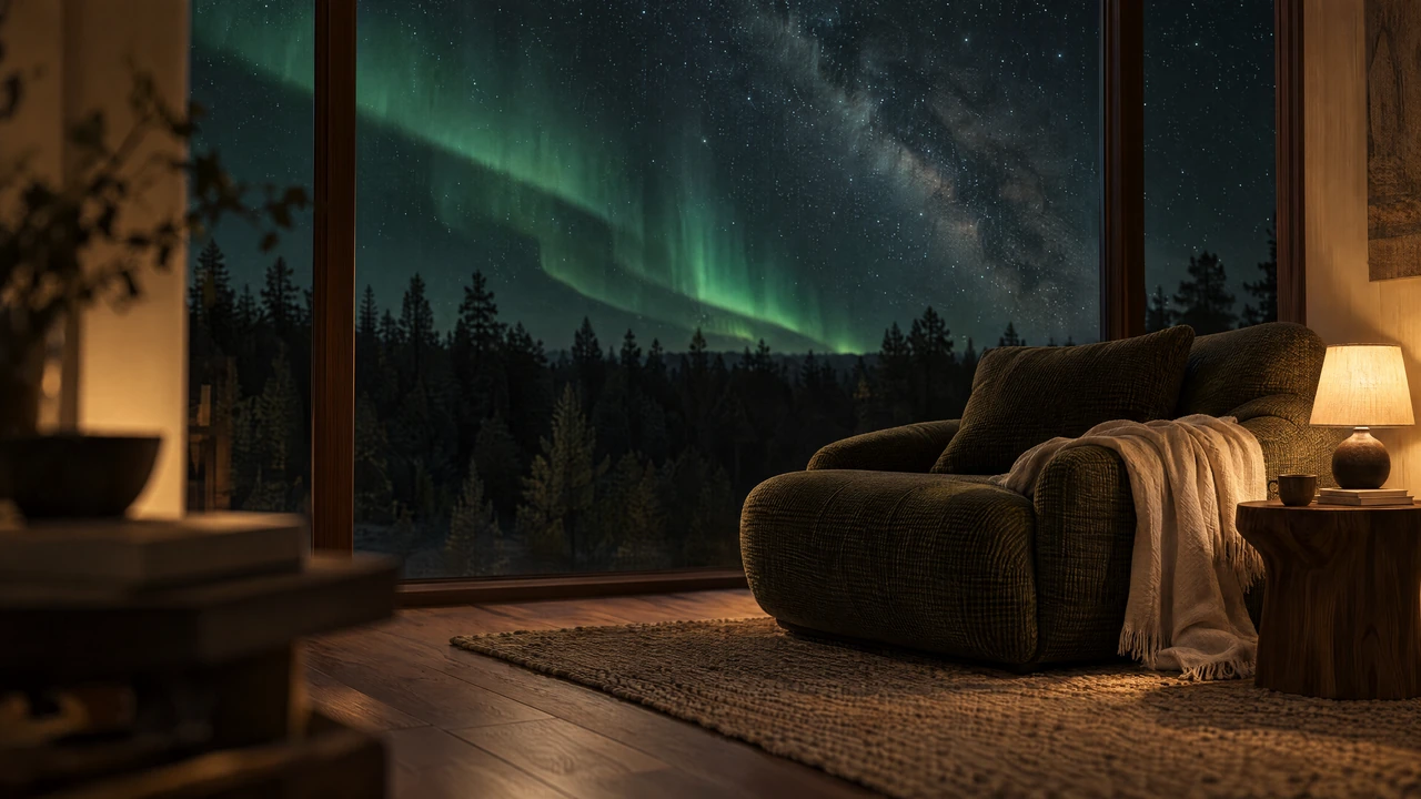 A tactile olive-wool listening chair and softly lit walnut interior overlooking a luminous emerald aurora through tall windows.