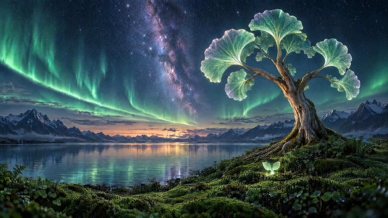 A luminous ginkgo tree and two-leaf seed in a lush moss and fern garden beside a clear moonlit lake, beneath emerald aurora and the Milky Way.