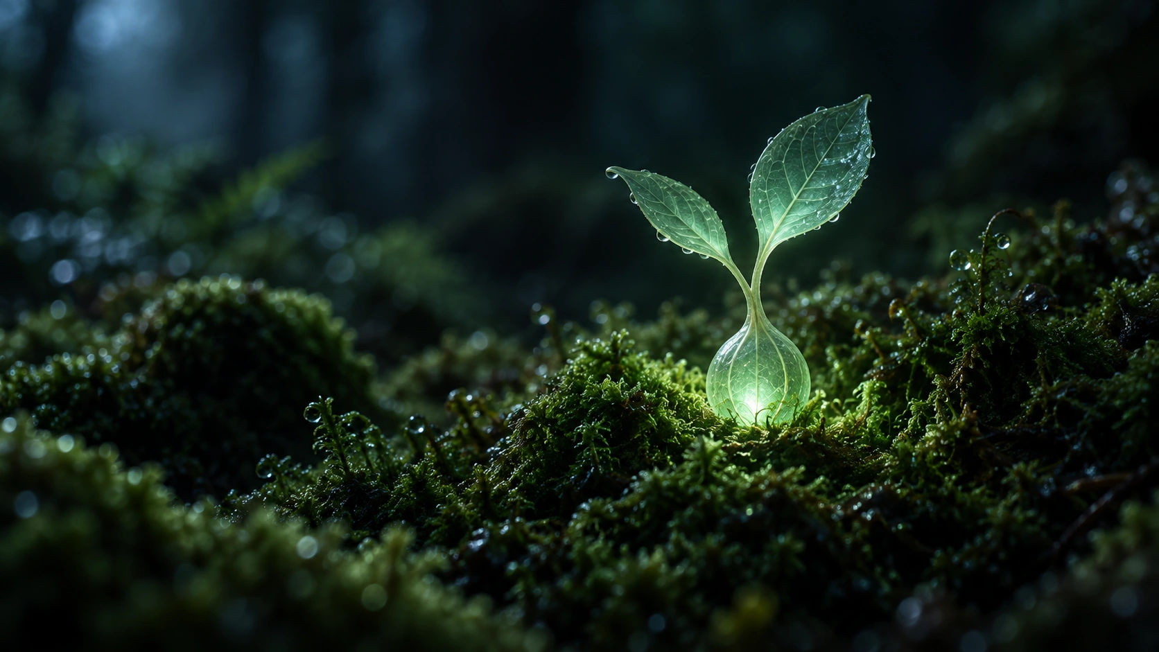 Two delicate mint leaves growing from a small luminous bulb nestled in dew-covered emerald moss.
