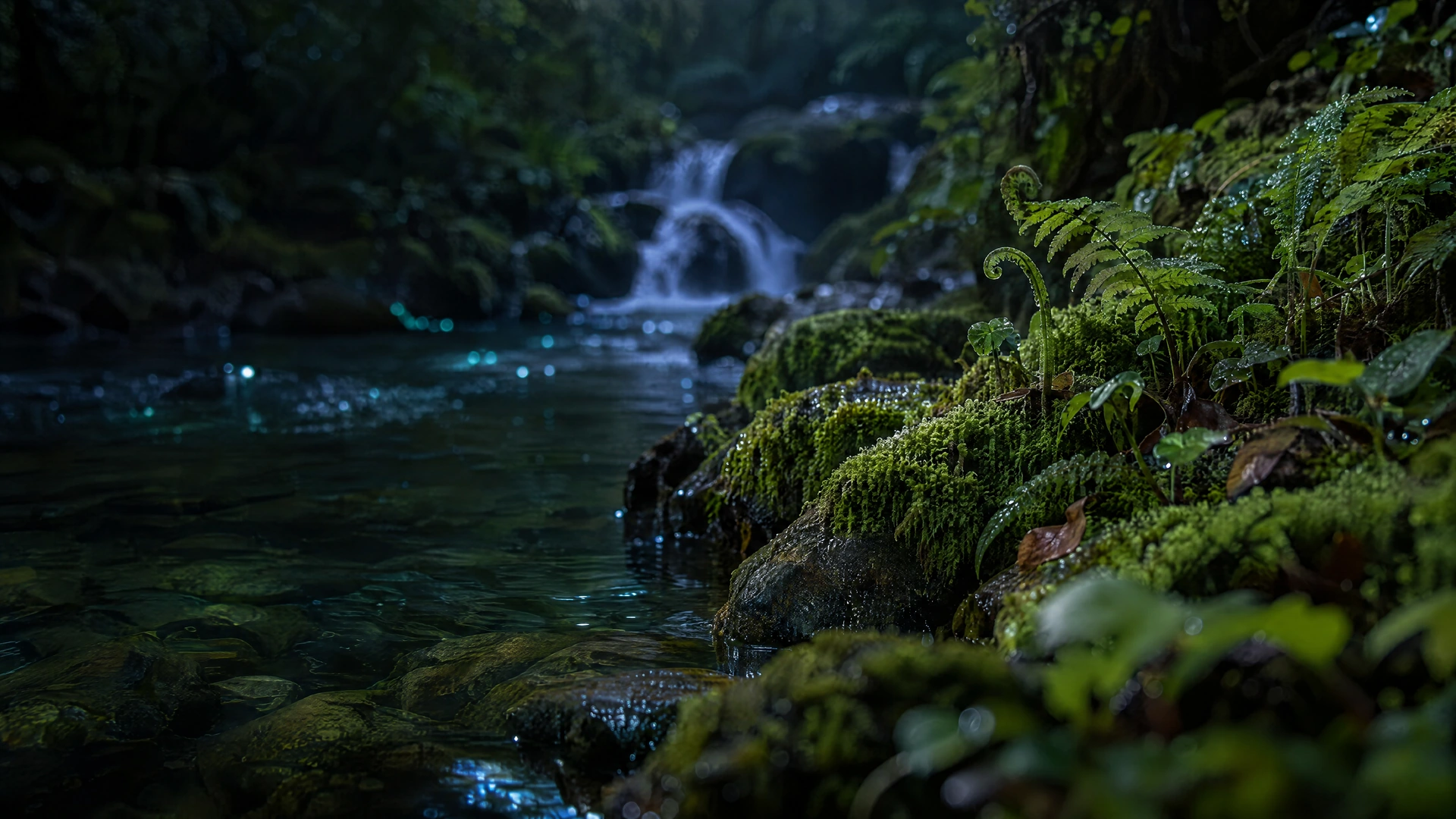 Dew-covered ferns and emerald moss in sharp focus above a luminous forest stream, with a softly receding waterfall.