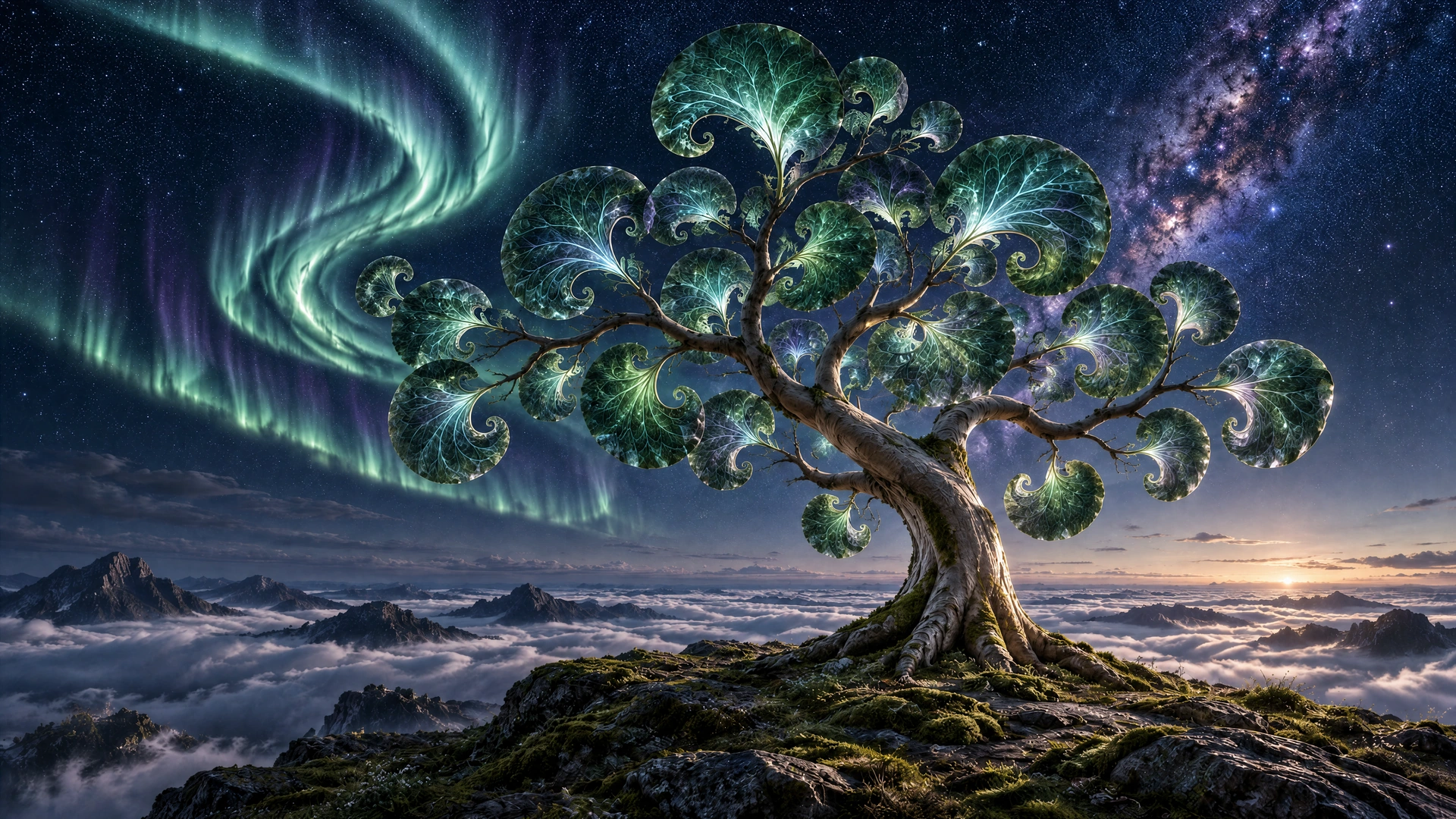 A graceful silver-barked tree with luminous green spiral leaves, above a sea of clouds beneath an emerald aurora and the Milky Way.