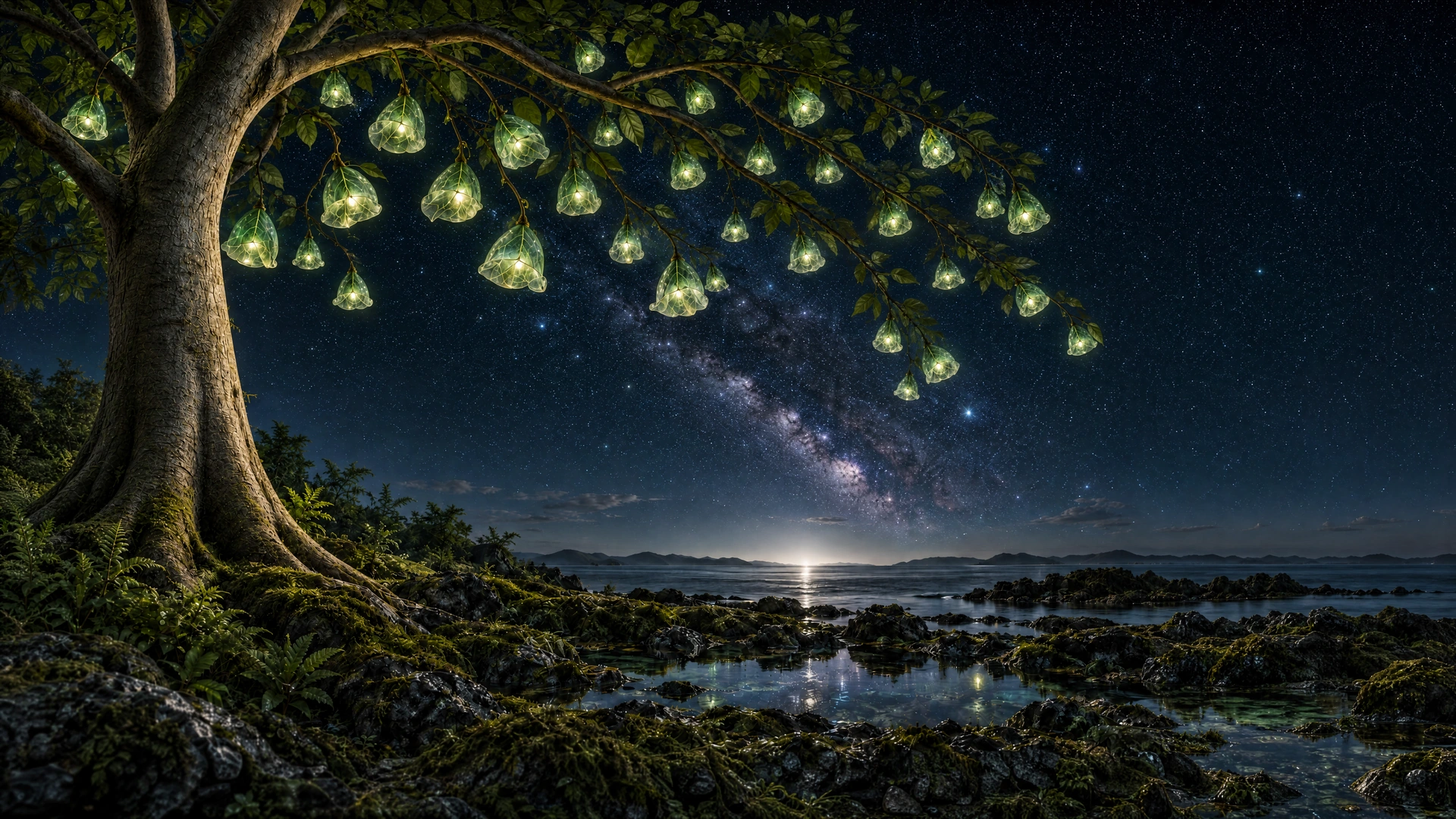 A healthy, graceful tree with luminous green bell leaves above tidal pools, beneath a brilliant Milky Way.