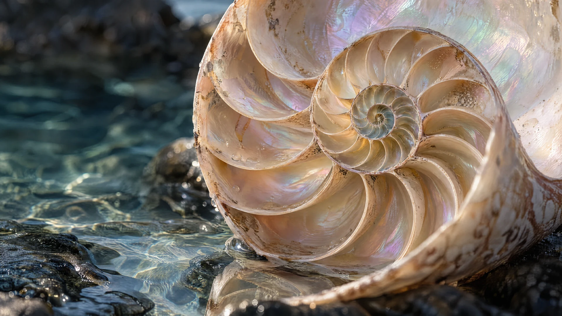 The delicate spiral chambers of a nautilus shell, lit through translucent nacre above clear tidal water.
