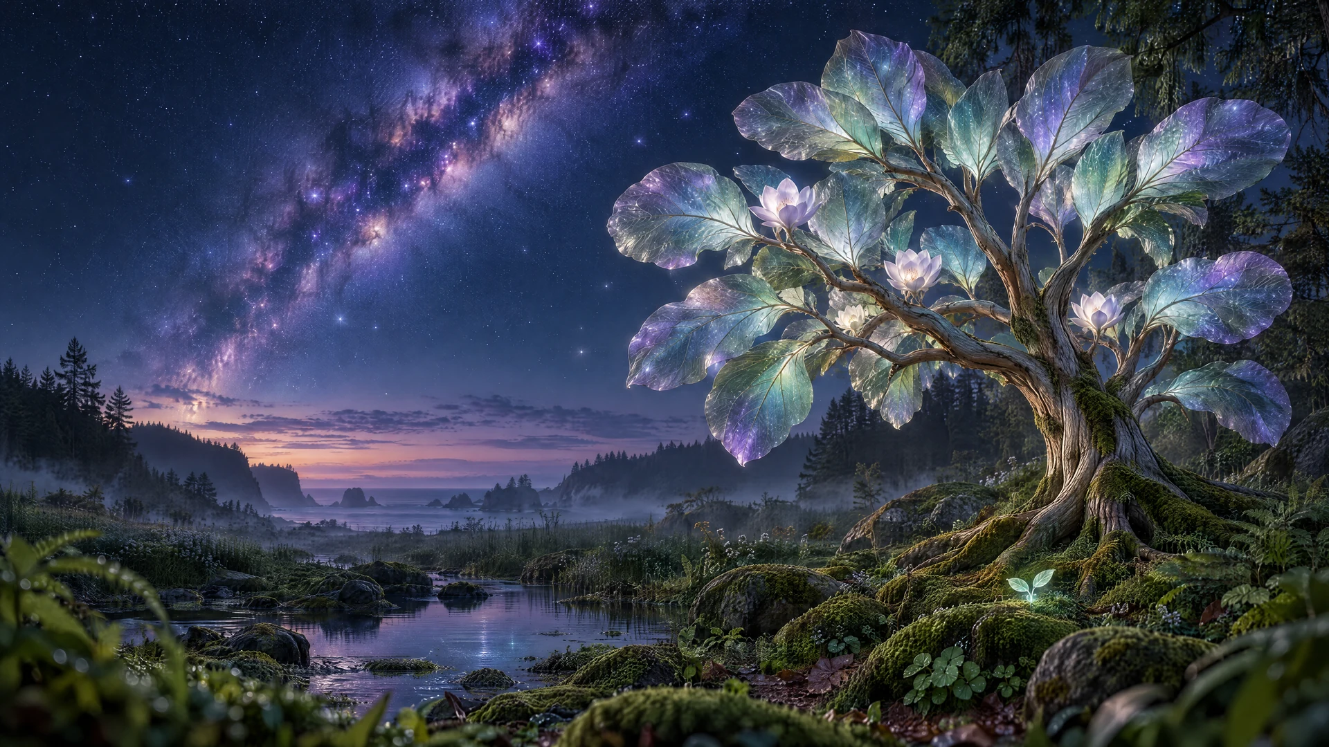 A living magnolia with luminous translucent leaves in a lush moss garden beside a woodland spring, with soft foreground ferns and a violet Milky Way.