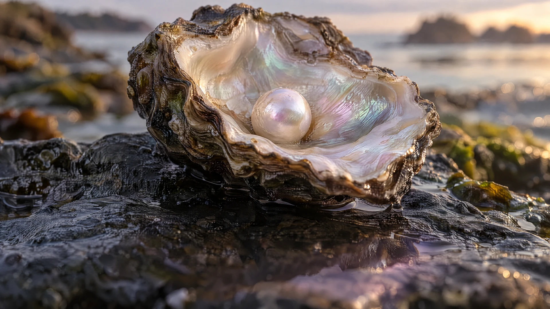 A softly lustrous natural pearl sheltered inside an oyster shell, with delicate rose and mint nacre reflections.