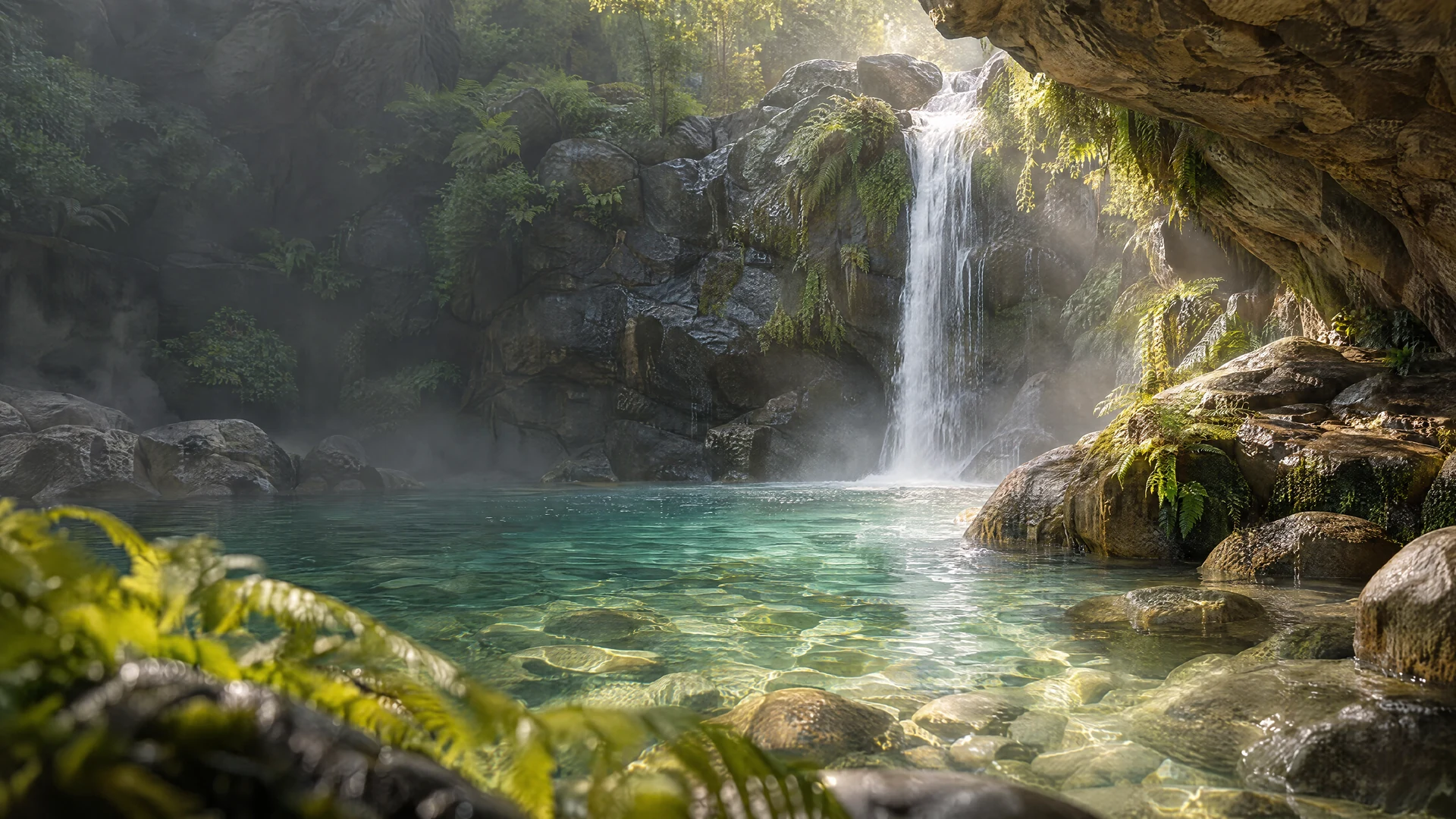 A secluded emerald lagoon and silver waterfall, with warm light falling through mist onto moss and wet stone.