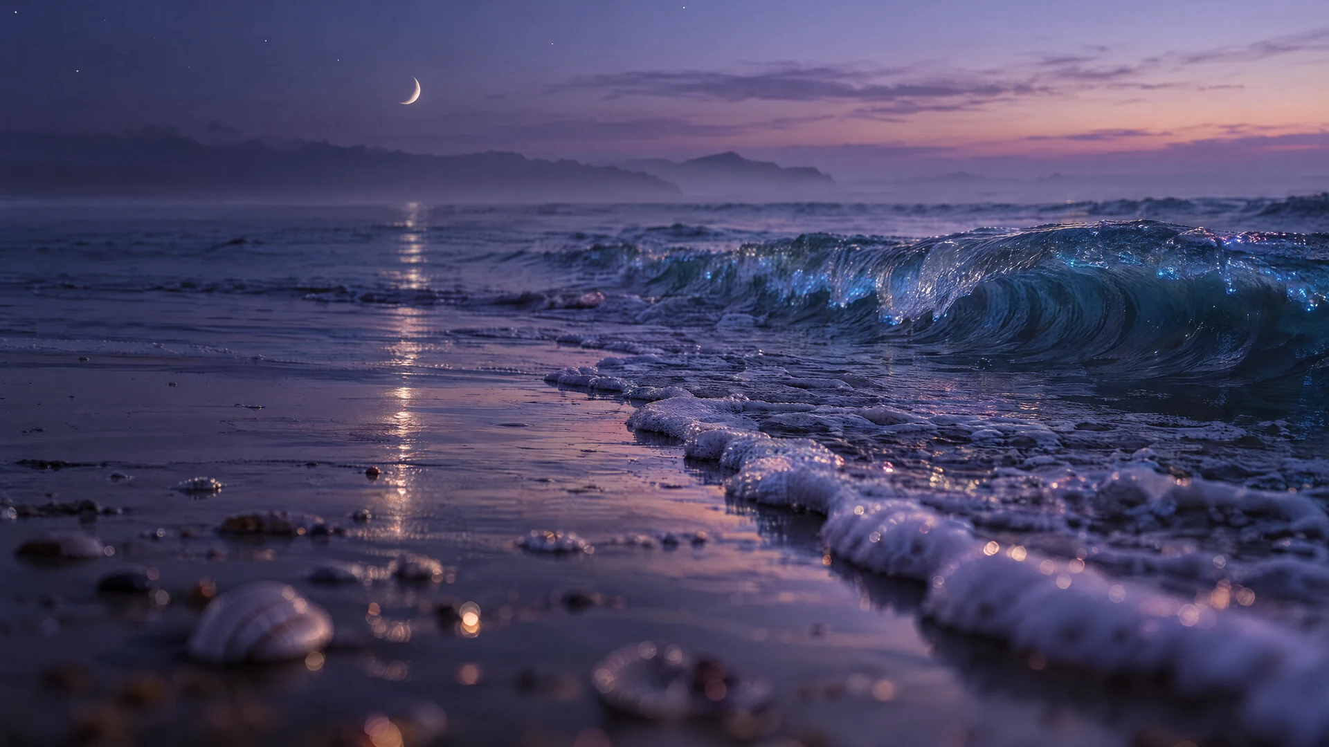 A gently curling bioluminescent wave on a violet shore, with a silver crescent reflected in the still sea.