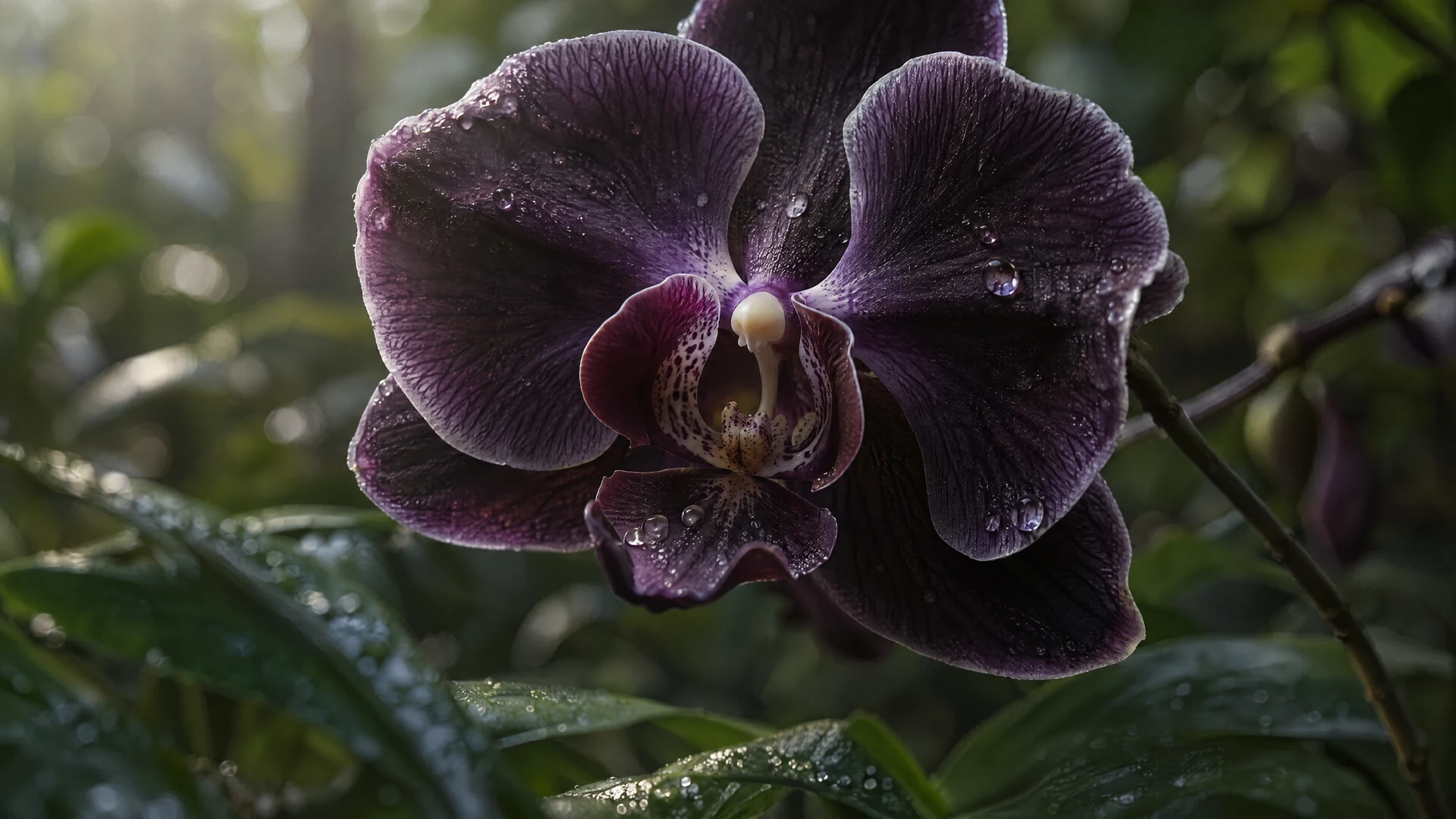 A single velvet violet orchid, with delicate translucent petals and dew against a soft emerald garden.